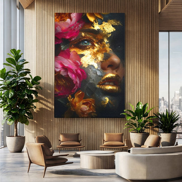 Tablou Canvas Premium, LuxCanva® G1221, Persefona de Aur, Auriu, Fucsia, Flori, Divinitate, Aurora, Zeita, Transformare, Putere, Feminina, Mister, Exotic, Enigma, Pasiune, Salon, Birou, Living, Dormitor