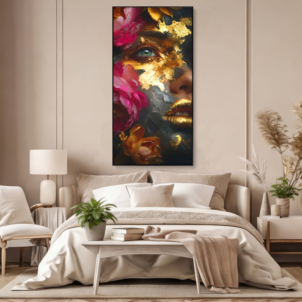 Tablou Canvas Premium, LuxCanva® G1221, Persefona de Aur, Auriu, Fucsia, Flori, Divinitate, Aurora, Zeita, Transformare, Putere, Feminina, Mister, Exotic, Enigma, Pasiune, Salon, Birou, Living, Dormitor
