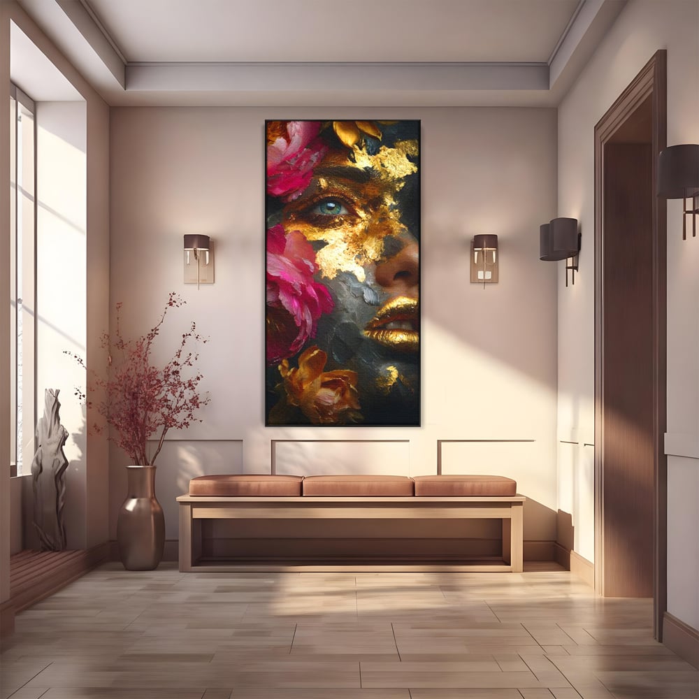 Tablou Canvas Premium, LuxCanva® G1221, Persefona de Aur, Auriu, Fucsia, Flori, Divinitate, Aurora, Zeita, Transformare, Putere, Feminina, Mister, Exotic, Enigma, Pasiune, Salon, Birou, Living, Dormitor