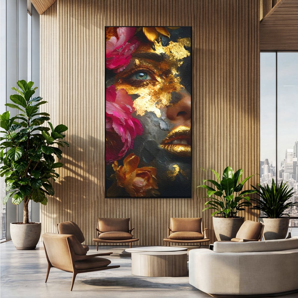 Tablou Canvas Premium, LuxCanva® G1221, Persefona de Aur, Auriu, Fucsia, Flori, Divinitate, Aurora, Zeita, Transformare, Putere, Feminina, Mister, Exotic, Enigma, Pasiune, Salon, Birou, Living, Dormitor