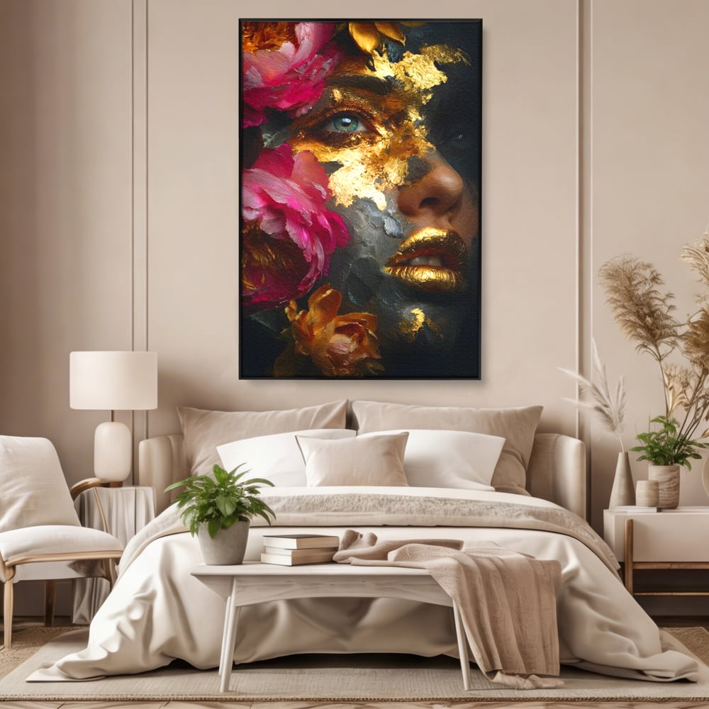 Tablou Canvas Premium, LuxCanva® G1221, Persefona de Aur, Auriu, Fucsia, Flori, Divinitate, Aurora, Zeita, Transformare, Putere, Feminina, Mister, Exotic, Enigma, Pasiune, Salon, Birou, Living, Dormitor