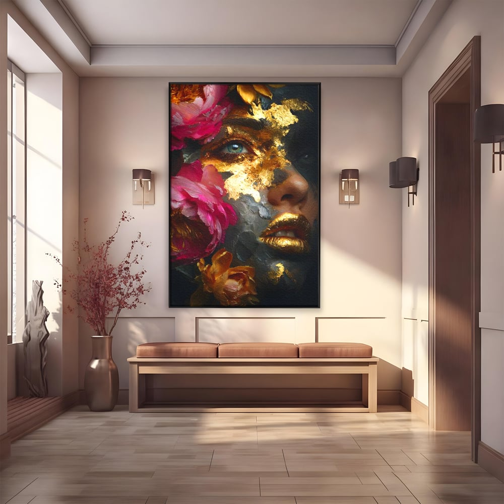 Tablou Canvas Premium, LuxCanva® G1221, Persefona de Aur, Auriu, Fucsia, Flori, Divinitate, Aurora, Zeita, Transformare, Putere, Feminina, Mister, Exotic, Enigma, Pasiune, Salon, Birou, Living, Dormitor