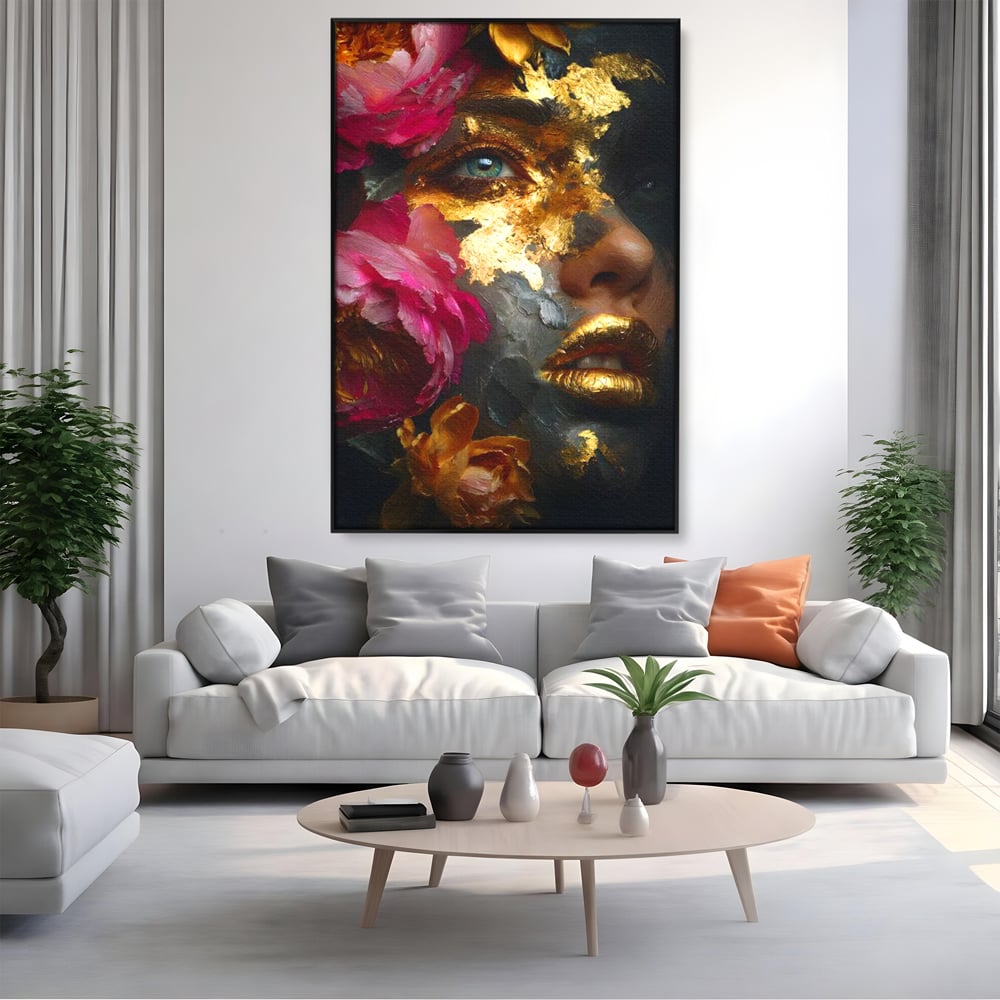 Tablou Canvas Premium, LuxCanva® G1221, Persefona de Aur, Auriu, Fucsia, Flori, Divinitate, Aurora, Zeita, Transformare, Putere, Feminina, Mister, Exotic, Enigma, Pasiune, Salon, Birou, Living, Dormitor