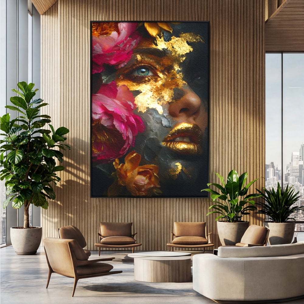 Tablou Canvas Premium, LuxCanva® G1221, Persefona de Aur, Auriu, Fucsia, Flori, Divinitate, Aurora, Zeita, Transformare, Putere, Feminina, Mister, Exotic, Enigma, Pasiune, Salon, Birou, Living, Dormitor