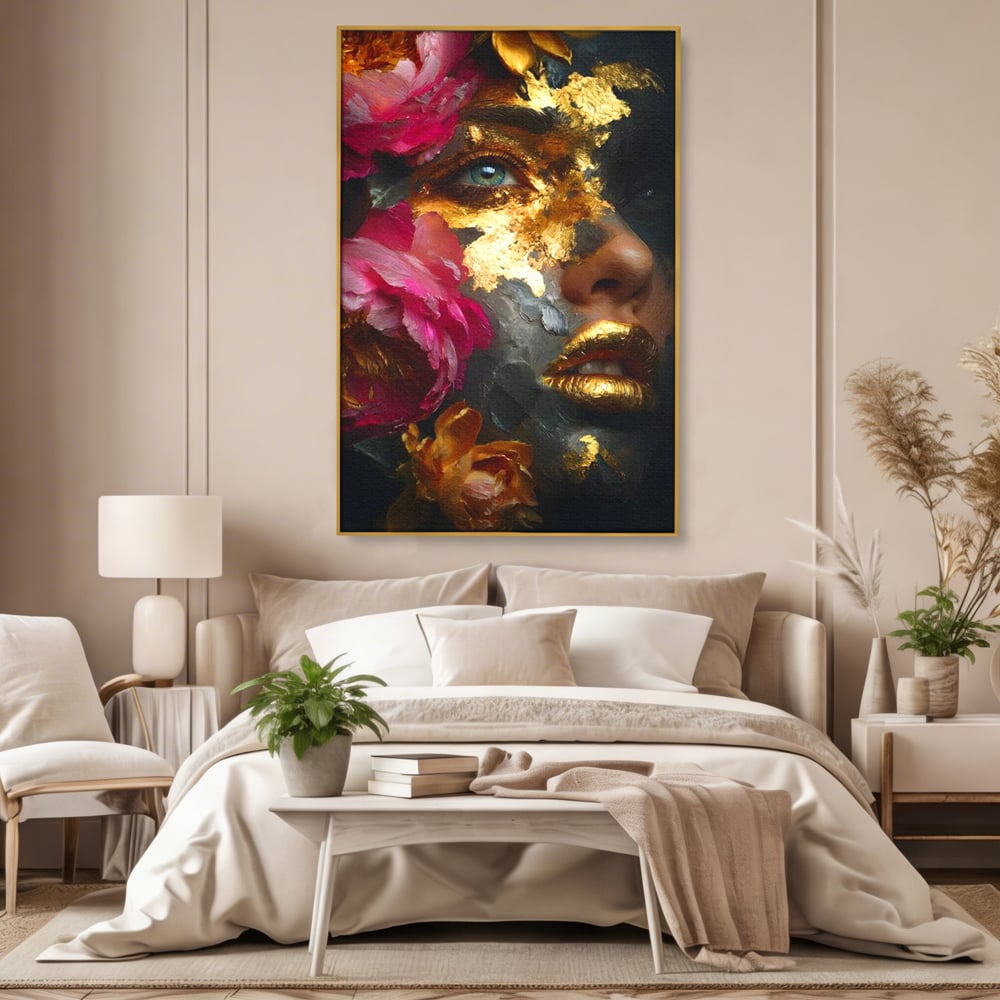 Tablou Canvas Premium, LuxCanva® G1221, Persefona de Aur, Auriu, Fucsia, Flori, Divinitate, Aurora, Zeita, Transformare, Putere, Feminina, Mister, Exotic, Enigma, Pasiune, Salon, Birou, Living, Dormitor