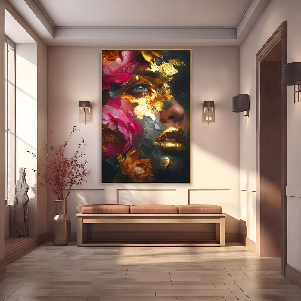 Tablou Canvas Premium, LuxCanva® G1221, Persefona de Aur, Auriu, Fucsia, Flori, Divinitate, Aurora, Zeita, Transformare, Putere, Feminina, Mister, Exotic, Enigma, Pasiune, Salon, Birou, Living, Dormitor
