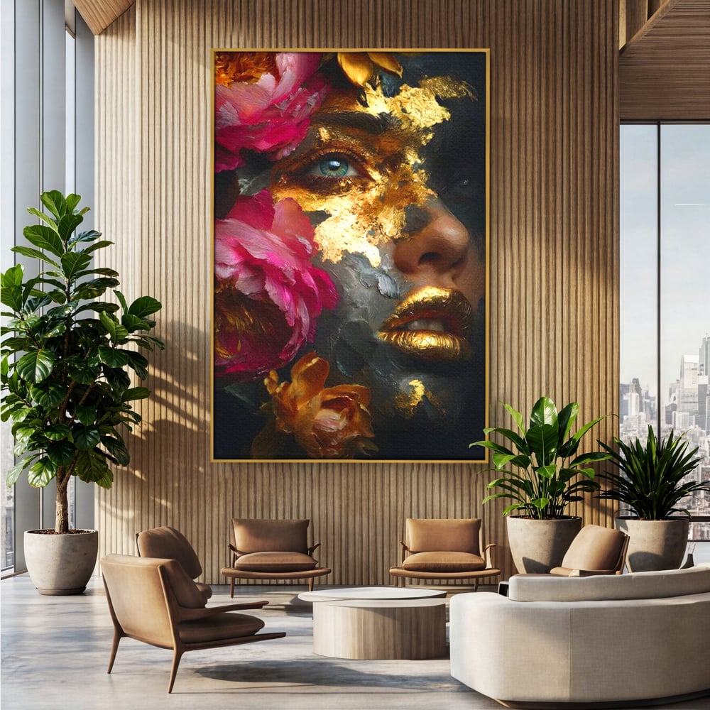 Tablou Canvas Premium, LuxCanva® G1221, Persefona de Aur, Auriu, Fucsia, Flori, Divinitate, Aurora, Zeita, Transformare, Putere, Feminina, Mister, Exotic, Enigma, Pasiune, Salon, Birou, Living, Dormitor