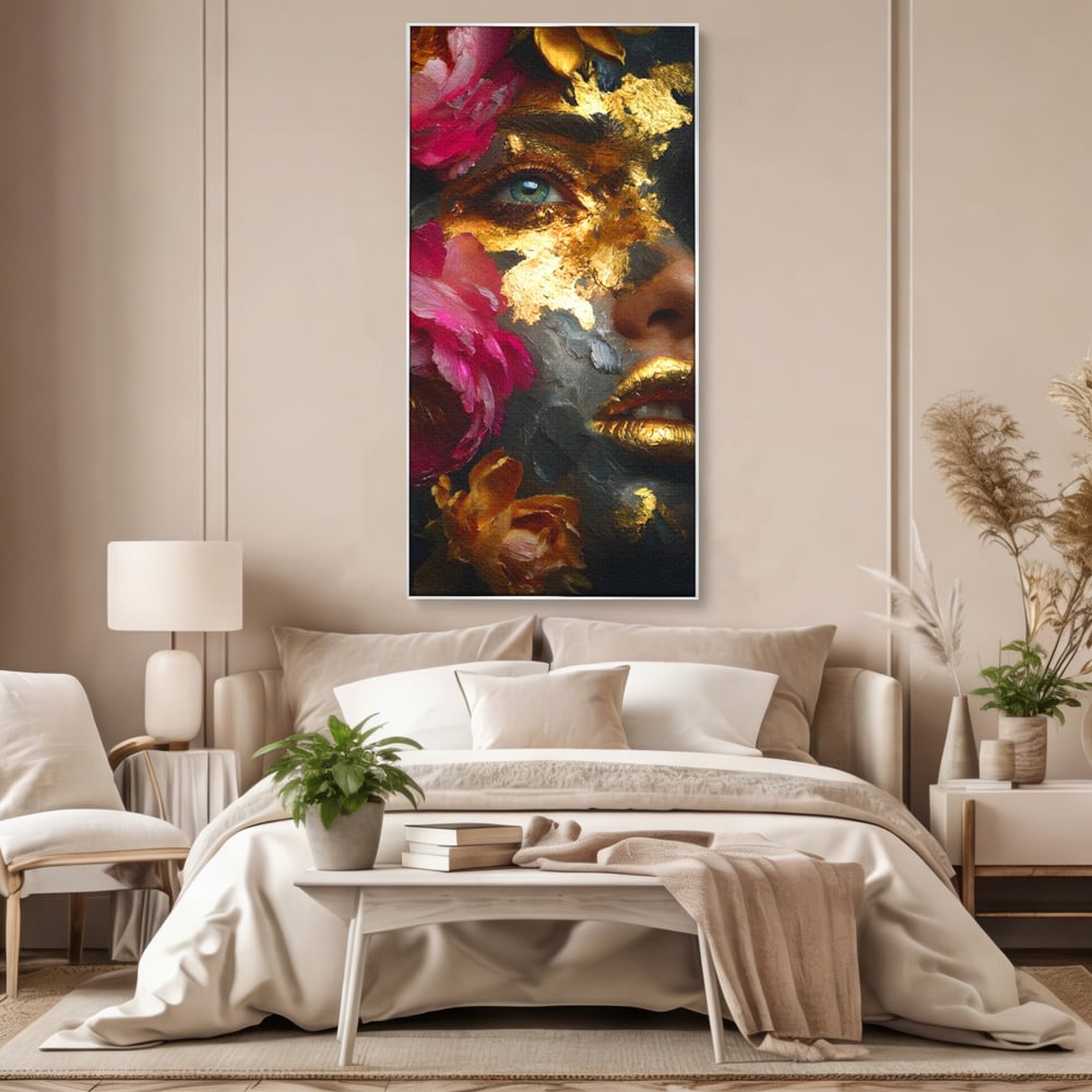 Tablou Canvas Premium, LuxCanva® G1221, Persefona de Aur, Auriu, Fucsia, Flori, Divinitate, Aurora, Zeita, Transformare, Putere, Feminina, Mister, Exotic, Enigma, Pasiune, Salon, Birou, Living, Dormitor