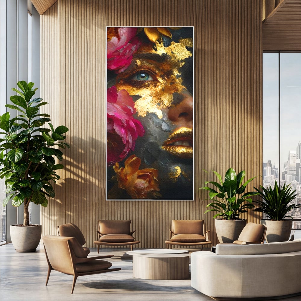 Tablou Canvas Premium, LuxCanva® G1221, Persefona de Aur, Auriu, Fucsia, Flori, Divinitate, Aurora, Zeita, Transformare, Putere, Feminina, Mister, Exotic, Enigma, Pasiune, Salon, Birou, Living, Dormitor