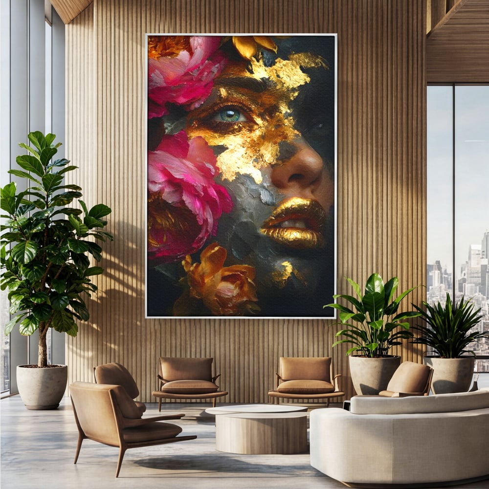 Tablou Canvas Premium, LuxCanva® G1221, Persefona de Aur, Auriu, Fucsia, Flori, Divinitate, Aurora, Zeita, Transformare, Putere, Feminina, Mister, Exotic, Enigma, Pasiune, Salon, Birou, Living, Dormitor