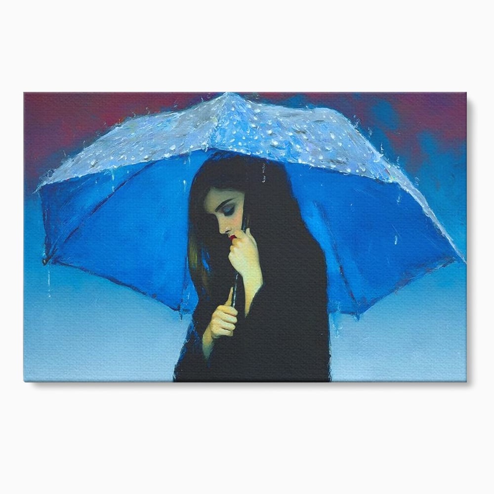 Canvas Wall Art Premium, LuxCanva® G1222, Regen der Seele, Regenschirm, Blau, Regen, Regen, Einsamkeit, Tränen, Himmel, Herz, Essenz, Geheimnis, Geheimnis, Melancholie, Gedanken, Traurigkeit, Erinnerungen, Wohnzimmer, Büro, Wohnzimmer, Schlafzimmer