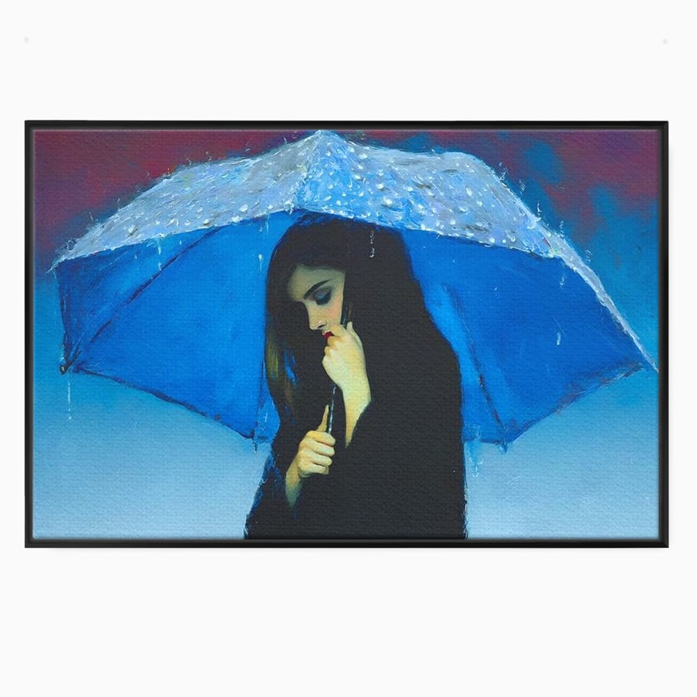 Canvas Wall Art Premium, LuxCanva® G1222, Regen der Seele, Regenschirm, Blau, Regen, Regen, Einsamkeit, Tränen, Himmel, Herz, Essenz, Geheimnis, Geheimnis, Melancholie, Gedanken, Traurigkeit, Erinnerungen, Wohnzimmer, Büro, Wohnzimmer, Schlafzimmer