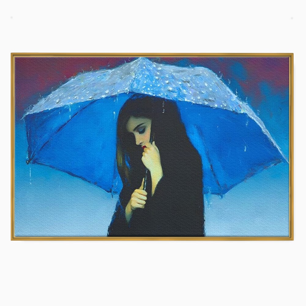 Canvas Wall Art Premium, LuxCanva® G1222, Regen der Seele, Regenschirm, Blau, Regen, Regen, Einsamkeit, Tränen, Himmel, Herz, Essenz, Geheimnis, Geheimnis, Melancholie, Gedanken, Traurigkeit, Erinnerungen, Wohnzimmer, Büro, Wohnzimmer, Schlafzimmer