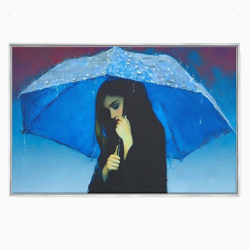 Canvas Wall Art Premium, LuxCanva® G1222, Regen der Seele, Regenschirm, Blau, Regen, Regen, Einsamkeit, Tränen, Himmel, Herz, Essenz, Geheimnis, Geheimnis, Melancholie, Gedanken, Traurigkeit, Erinnerungen, Wohnzimmer, Büro, Wohnzimmer, Schlafzimmer