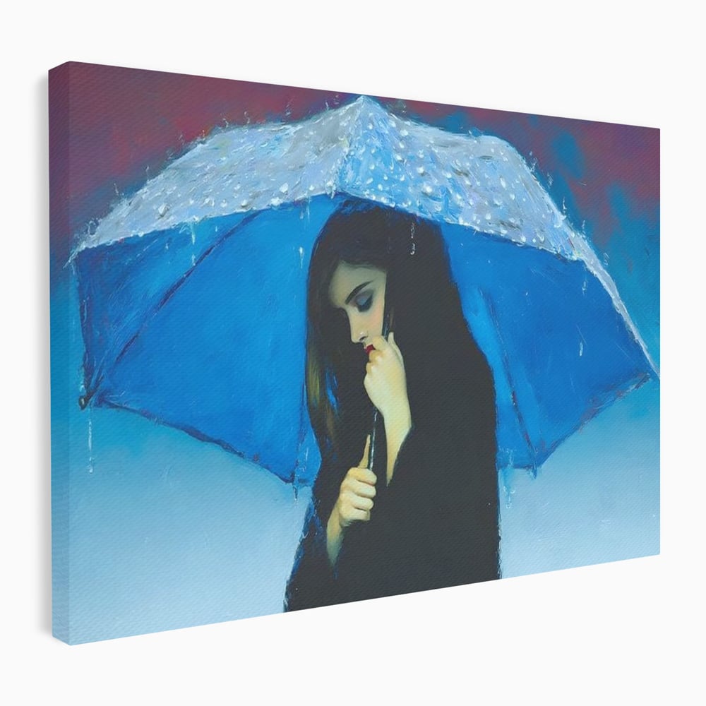 Canvas Wall Art Premium, LuxCanva® G1222, Regen der Seele, Regenschirm, Blau, Regen, Regen, Einsamkeit, Tränen, Himmel, Herz, Essenz, Geheimnis, Geheimnis, Melancholie, Gedanken, Traurigkeit, Erinnerungen, Wohnzimmer, Büro, Wohnzimmer, Schlafzimmer