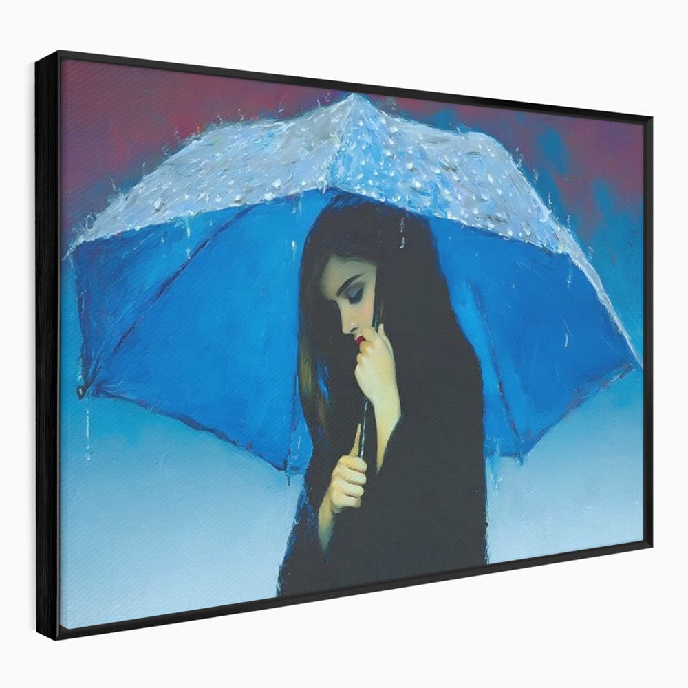 Canvas Wall Art Premium, LuxCanva® G1222, Regen der Seele, Regenschirm, Blau, Regen, Regen, Einsamkeit, Tränen, Himmel, Herz, Essenz, Geheimnis, Geheimnis, Melancholie, Gedanken, Traurigkeit, Erinnerungen, Wohnzimmer, Büro, Wohnzimmer, Schlafzimmer