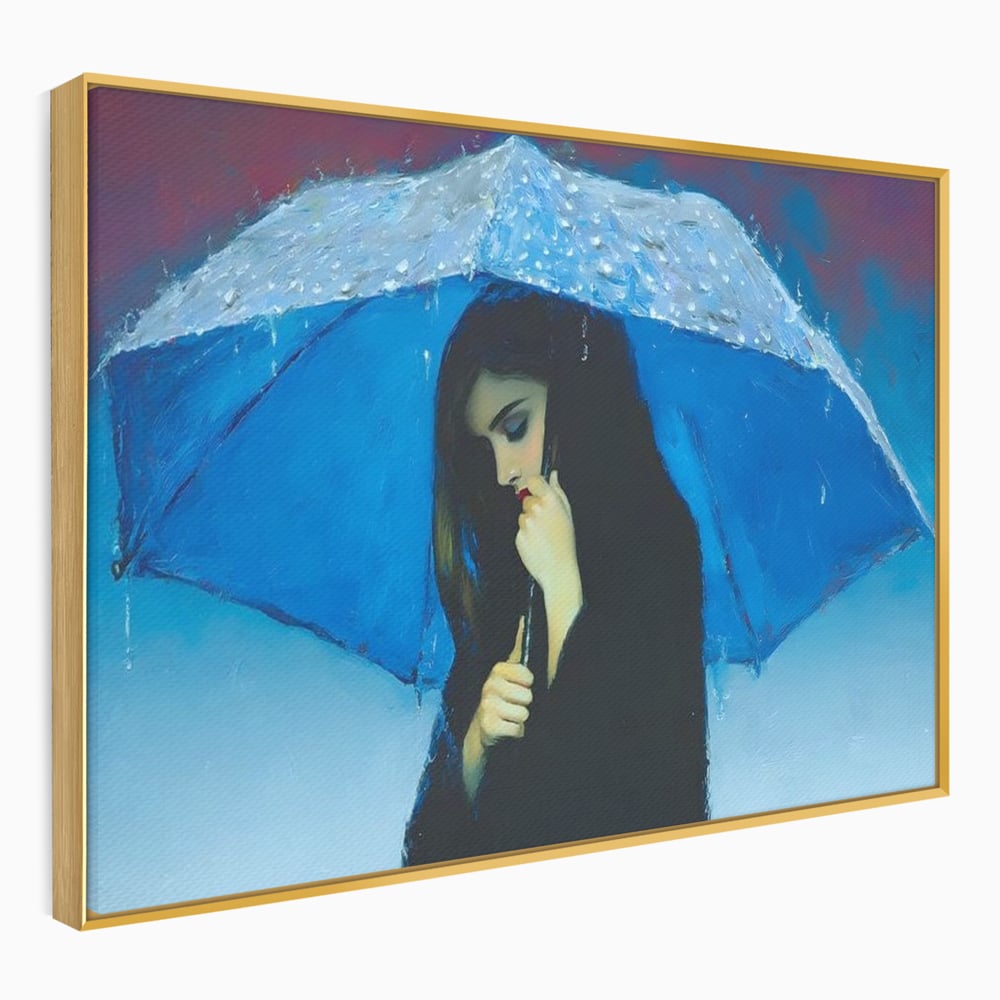 Canvas Wall Art Premium, LuxCanva® G1222, Regen der Seele, Regenschirm, Blau, Regen, Regen, Einsamkeit, Tränen, Himmel, Herz, Essenz, Geheimnis, Geheimnis, Melancholie, Gedanken, Traurigkeit, Erinnerungen, Wohnzimmer, Büro, Wohnzimmer, Schlafzimmer