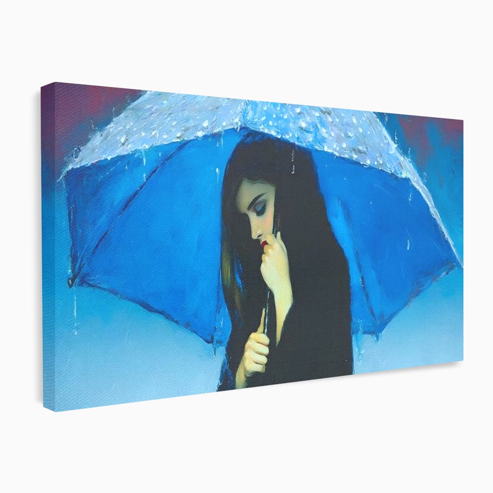 Canvas Wall Art Premium, LuxCanva® G1222, Regen der Seele, Regenschirm, Blau, Regen, Regen, Einsamkeit, Tränen, Himmel, Herz, Essenz, Geheimnis, Geheimnis, Melancholie, Gedanken, Traurigkeit, Erinnerungen, Wohnzimmer, Büro, Wohnzimmer, Schlafzimmer