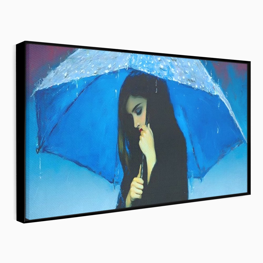 Canvas Wall Art Premium, LuxCanva® G1222, Regen der Seele, Regenschirm, Blau, Regen, Regen, Einsamkeit, Tränen, Himmel, Herz, Essenz, Geheimnis, Geheimnis, Melancholie, Gedanken, Traurigkeit, Erinnerungen, Wohnzimmer, Büro, Wohnzimmer, Schlafzimmer