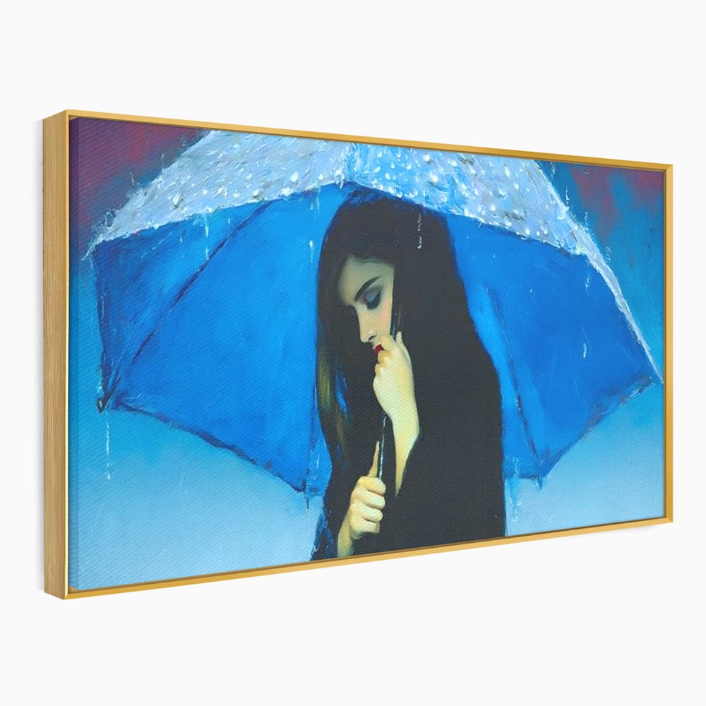 Canvas Wall Art Premium, LuxCanva® G1222, Regen der Seele, Regenschirm, Blau, Regen, Regen, Einsamkeit, Tränen, Himmel, Herz, Essenz, Geheimnis, Geheimnis, Melancholie, Gedanken, Traurigkeit, Erinnerungen, Wohnzimmer, Büro, Wohnzimmer, Schlafzimmer