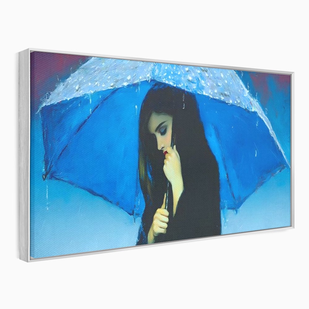 Canvas Wall Art Premium, LuxCanva® G1222, Regen der Seele, Regenschirm, Blau, Regen, Regen, Einsamkeit, Tränen, Himmel, Herz, Essenz, Geheimnis, Geheimnis, Melancholie, Gedanken, Traurigkeit, Erinnerungen, Wohnzimmer, Büro, Wohnzimmer, Schlafzimmer