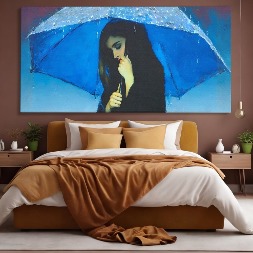 Canvas Wall Art Premium, LuxCanva® G1222, Regen der Seele, Regenschirm, Blau, Regen, Regen, Einsamkeit, Tränen, Himmel, Herz, Essenz, Geheimnis, Geheimnis, Melancholie, Gedanken, Traurigkeit, Erinnerungen, Wohnzimmer, Büro, Wohnzimmer, Schlafzimmer