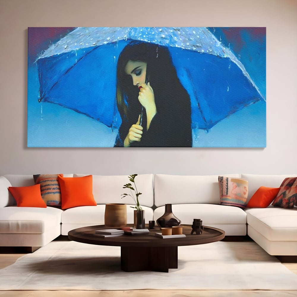 Canvas Wall Art Premium, LuxCanva® G1222, Regen der Seele, Regenschirm, Blau, Regen, Regen, Einsamkeit, Tränen, Himmel, Herz, Essenz, Geheimnis, Geheimnis, Melancholie, Gedanken, Traurigkeit, Erinnerungen, Wohnzimmer, Büro, Wohnzimmer, Schlafzimmer