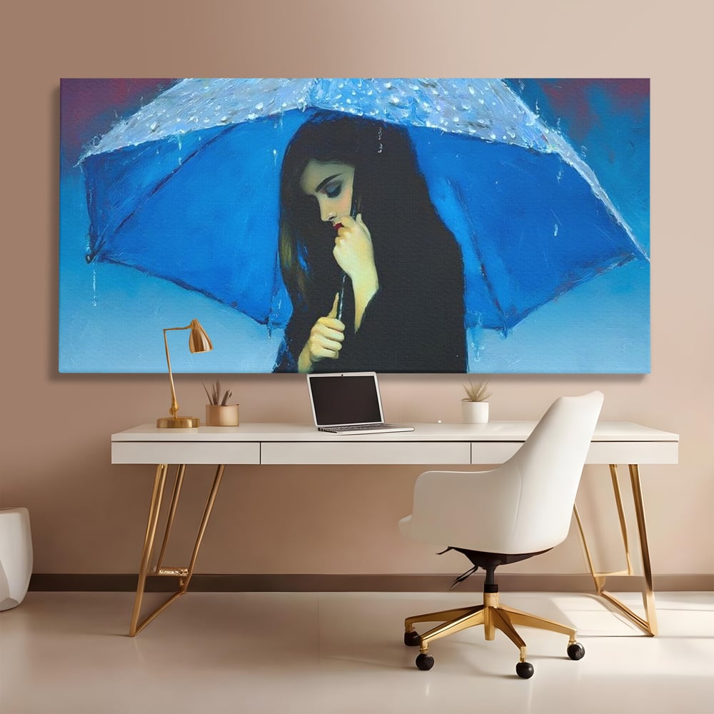 Canvas Wall Art Premium, LuxCanva® G1222, Regen der Seele, Regenschirm, Blau, Regen, Regen, Einsamkeit, Tränen, Himmel, Herz, Essenz, Geheimnis, Geheimnis, Melancholie, Gedanken, Traurigkeit, Erinnerungen, Wohnzimmer, Büro, Wohnzimmer, Schlafzimmer