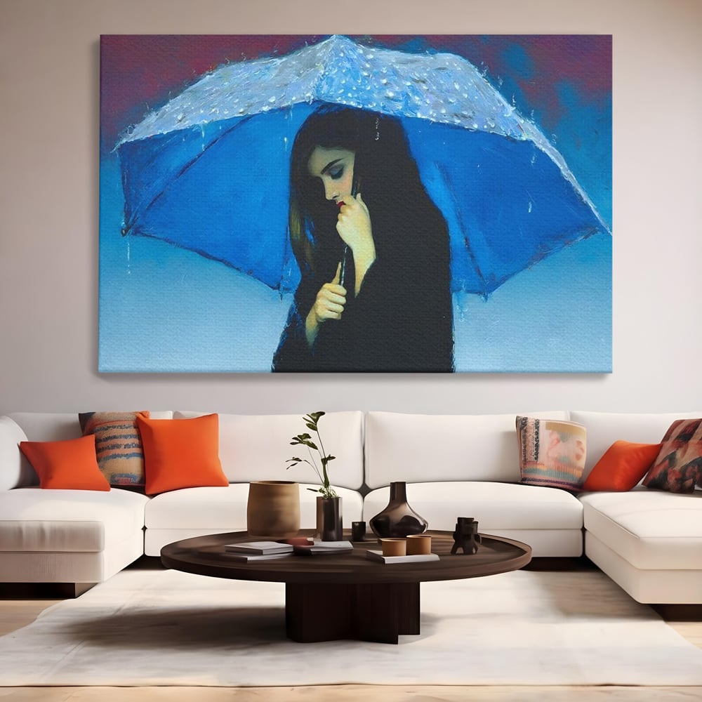 Canvas Wall Art Premium, LuxCanva® G1222, Regen der Seele, Regenschirm, Blau, Regen, Regen, Einsamkeit, Tränen, Himmel, Herz, Essenz, Geheimnis, Geheimnis, Melancholie, Gedanken, Traurigkeit, Erinnerungen, Wohnzimmer, Büro, Wohnzimmer, Schlafzimmer