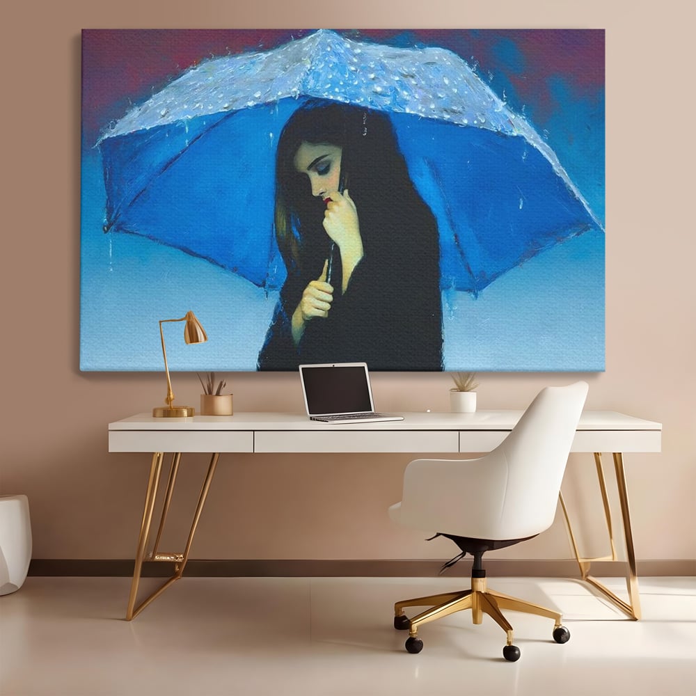 Canvas Wall Art Premium, LuxCanva® G1222, Regen der Seele, Regenschirm, Blau, Regen, Regen, Einsamkeit, Tränen, Himmel, Herz, Essenz, Geheimnis, Geheimnis, Melancholie, Gedanken, Traurigkeit, Erinnerungen, Wohnzimmer, Büro, Wohnzimmer, Schlafzimmer