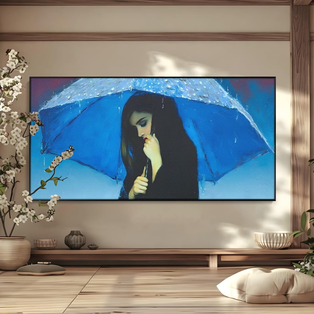 Canvas Wall Art Premium, LuxCanva® G1222, Regen der Seele, Regenschirm, Blau, Regen, Regen, Einsamkeit, Tränen, Himmel, Herz, Essenz, Geheimnis, Geheimnis, Melancholie, Gedanken, Traurigkeit, Erinnerungen, Wohnzimmer, Büro, Wohnzimmer, Schlafzimmer