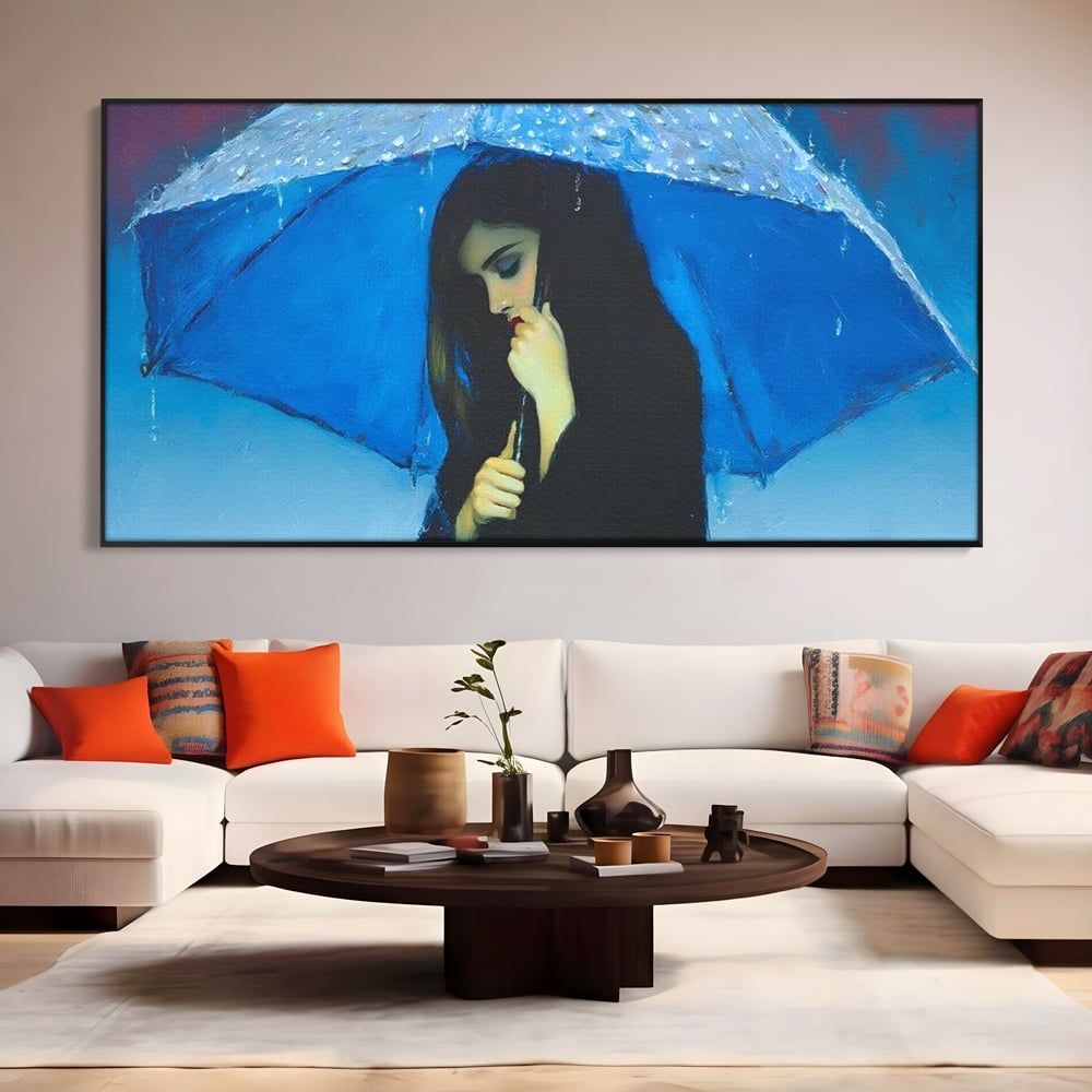 Canvas Wall Art Premium, LuxCanva® G1222, Regen der Seele, Regenschirm, Blau, Regen, Regen, Einsamkeit, Tränen, Himmel, Herz, Essenz, Geheimnis, Geheimnis, Melancholie, Gedanken, Traurigkeit, Erinnerungen, Wohnzimmer, Büro, Wohnzimmer, Schlafzimmer