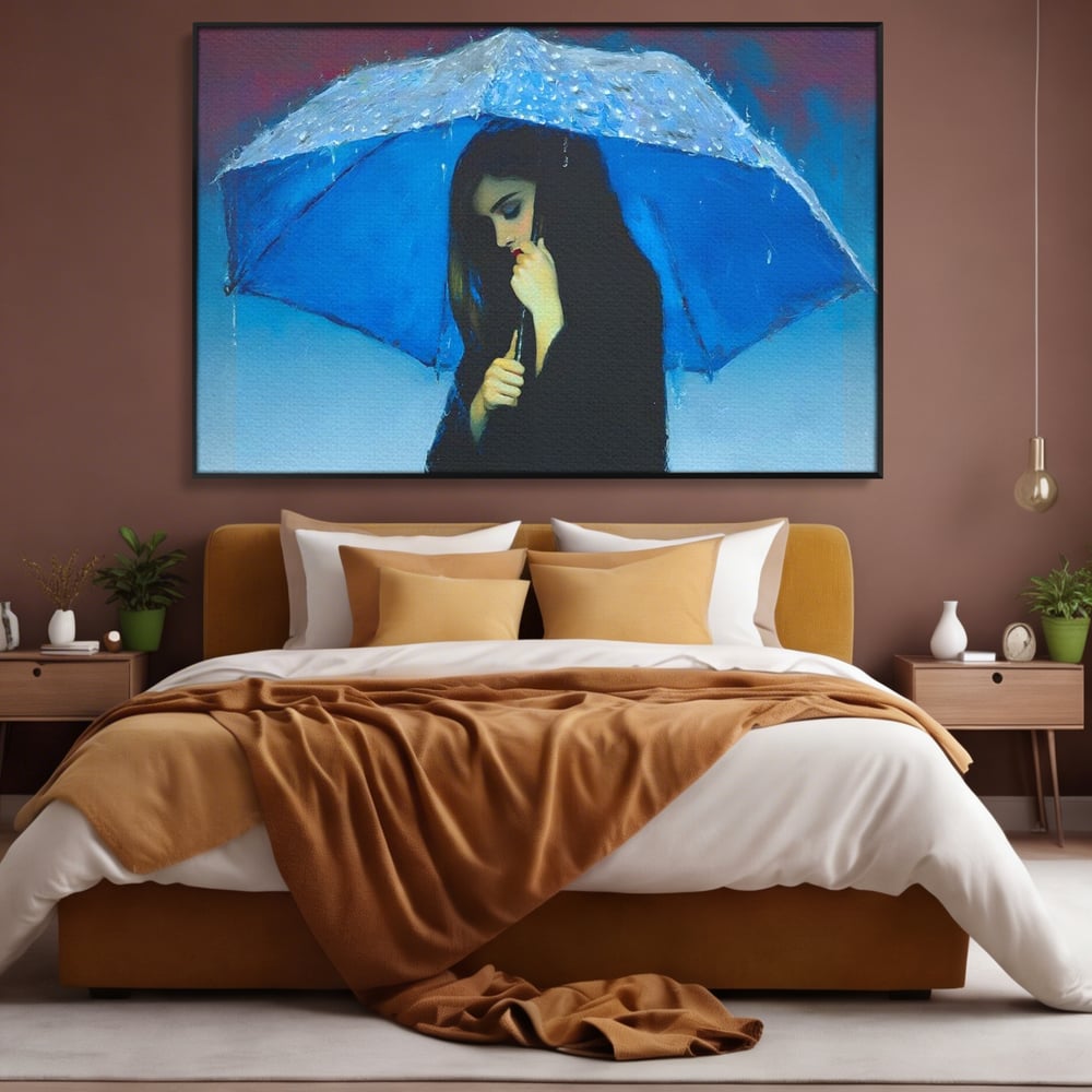 Canvas Wall Art Premium, LuxCanva® G1222, Regen der Seele, Regenschirm, Blau, Regen, Regen, Einsamkeit, Tränen, Himmel, Herz, Essenz, Geheimnis, Geheimnis, Melancholie, Gedanken, Traurigkeit, Erinnerungen, Wohnzimmer, Büro, Wohnzimmer, Schlafzimmer
