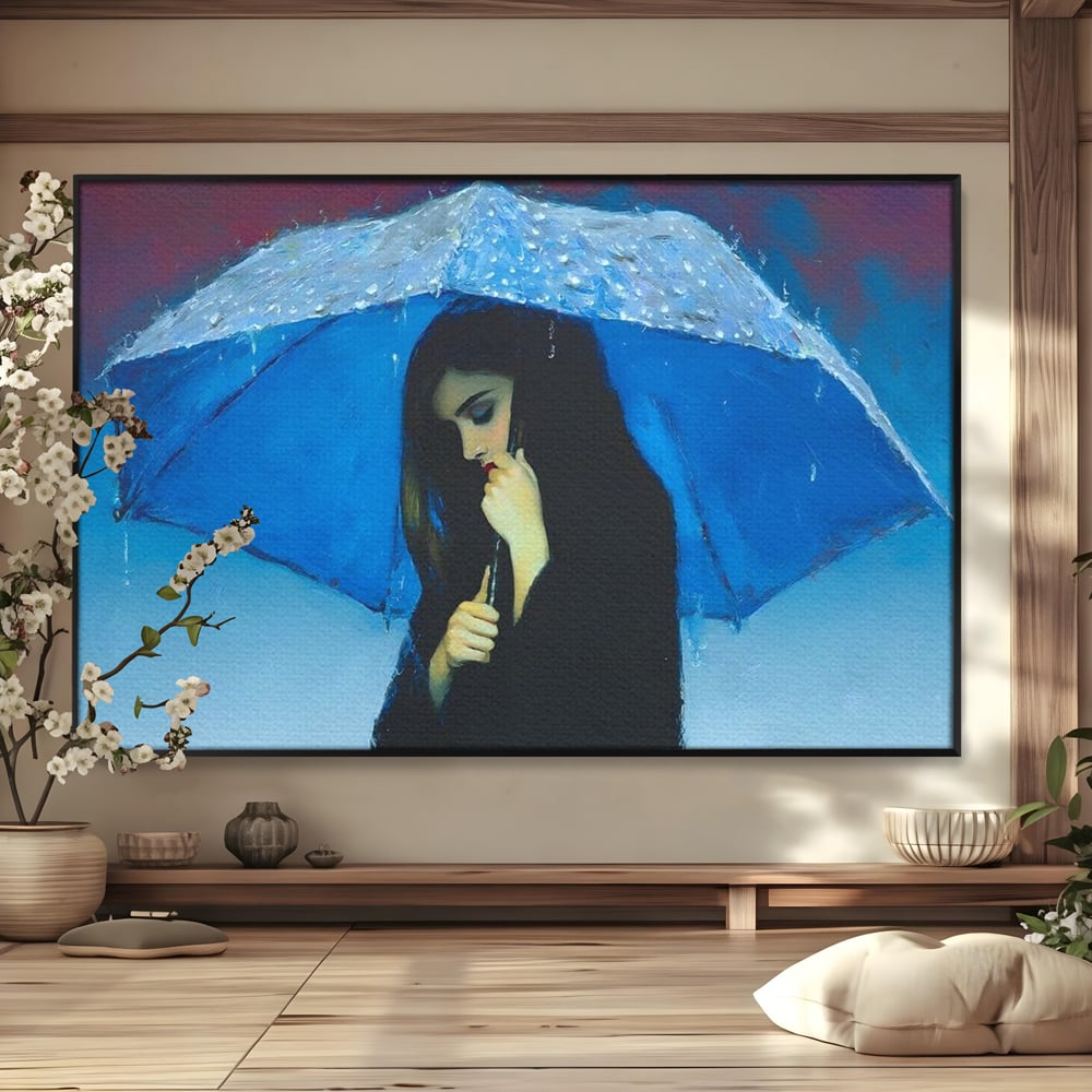 Canvas Wall Art Premium, LuxCanva® G1222, Regen der Seele, Regenschirm, Blau, Regen, Regen, Einsamkeit, Tränen, Himmel, Herz, Essenz, Geheimnis, Geheimnis, Melancholie, Gedanken, Traurigkeit, Erinnerungen, Wohnzimmer, Büro, Wohnzimmer, Schlafzimmer