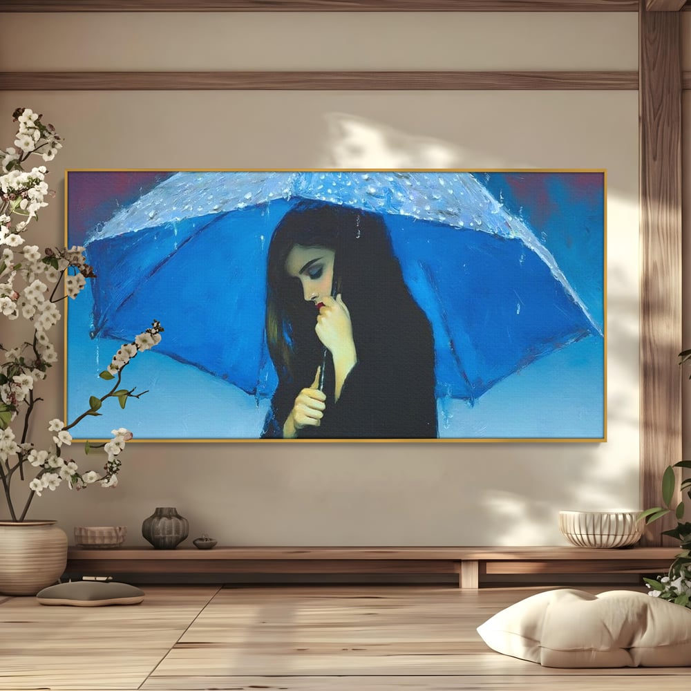 Canvas Wall Art Premium, LuxCanva® G1222, Regen der Seele, Regenschirm, Blau, Regen, Regen, Einsamkeit, Tränen, Himmel, Herz, Essenz, Geheimnis, Geheimnis, Melancholie, Gedanken, Traurigkeit, Erinnerungen, Wohnzimmer, Büro, Wohnzimmer, Schlafzimmer