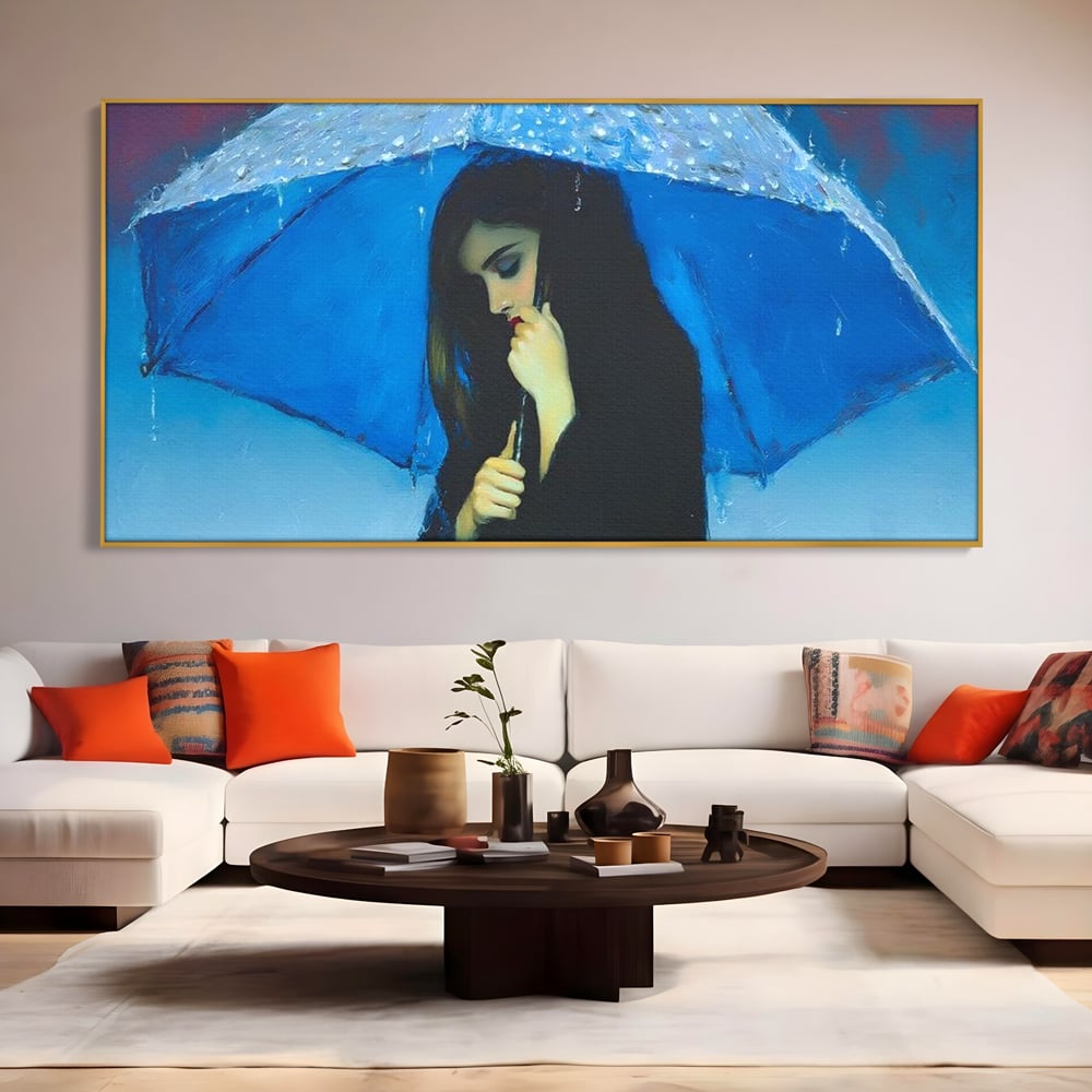 Canvas Wall Art Premium, LuxCanva® G1222, Regen der Seele, Regenschirm, Blau, Regen, Regen, Einsamkeit, Tränen, Himmel, Herz, Essenz, Geheimnis, Geheimnis, Melancholie, Gedanken, Traurigkeit, Erinnerungen, Wohnzimmer, Büro, Wohnzimmer, Schlafzimmer
