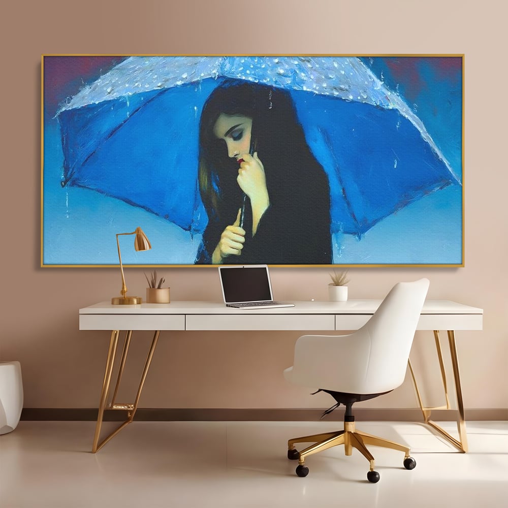 Canvas Wall Art Premium, LuxCanva® G1222, Regen der Seele, Regenschirm, Blau, Regen, Regen, Einsamkeit, Tränen, Himmel, Herz, Essenz, Geheimnis, Geheimnis, Melancholie, Gedanken, Traurigkeit, Erinnerungen, Wohnzimmer, Büro, Wohnzimmer, Schlafzimmer