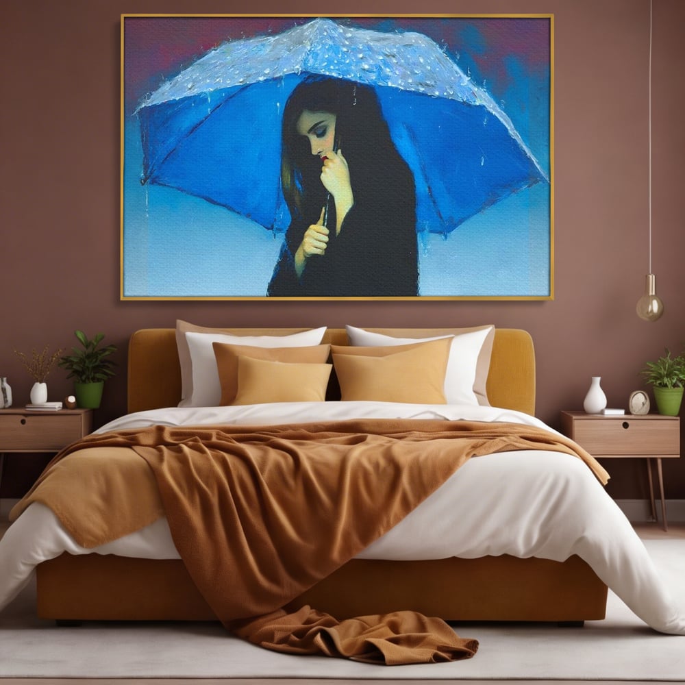 Canvas Wall Art Premium, LuxCanva® G1222, Regen der Seele, Regenschirm, Blau, Regen, Regen, Einsamkeit, Tränen, Himmel, Herz, Essenz, Geheimnis, Geheimnis, Melancholie, Gedanken, Traurigkeit, Erinnerungen, Wohnzimmer, Büro, Wohnzimmer, Schlafzimmer