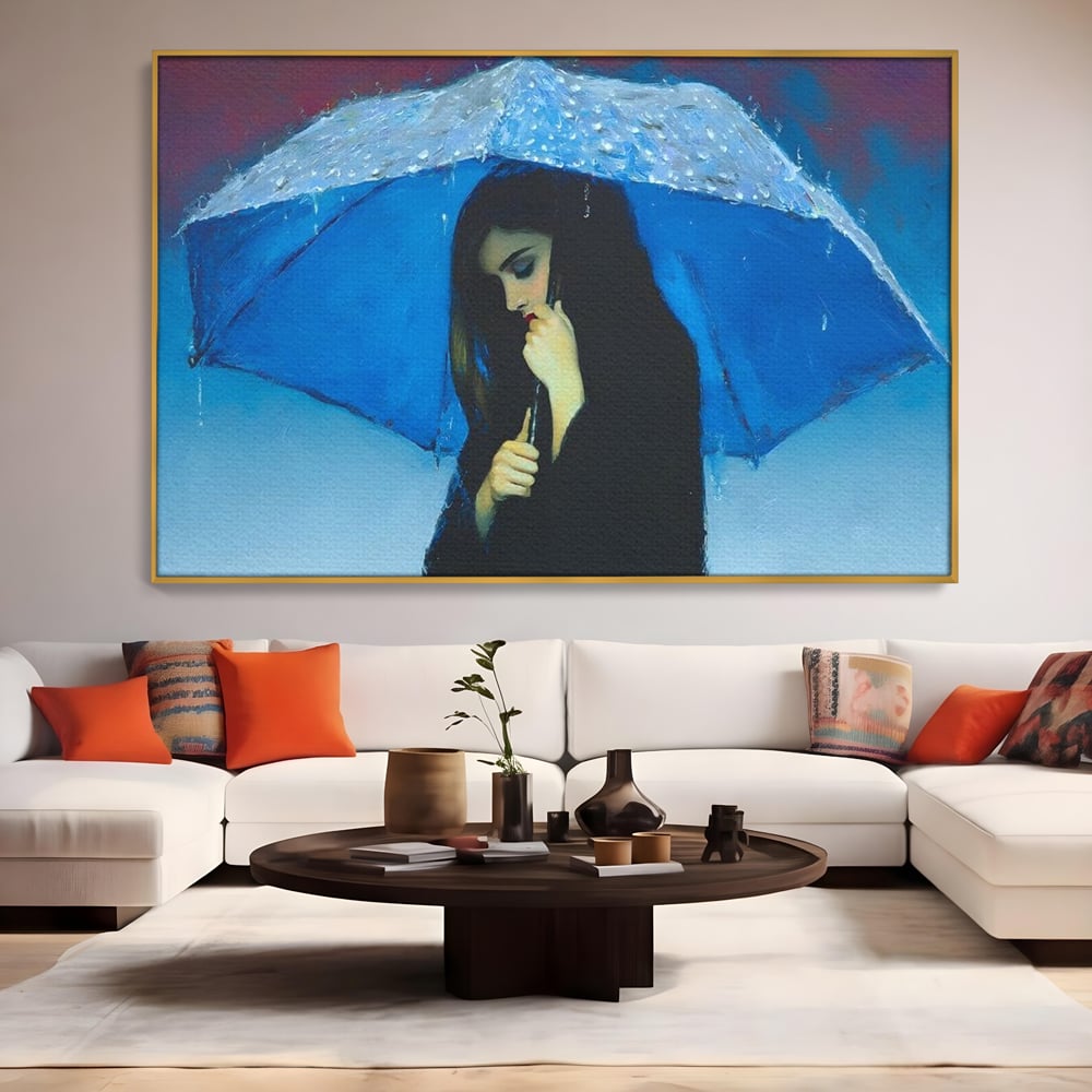 Canvas Wall Art Premium, LuxCanva® G1222, Regen der Seele, Regenschirm, Blau, Regen, Regen, Einsamkeit, Tränen, Himmel, Herz, Essenz, Geheimnis, Geheimnis, Melancholie, Gedanken, Traurigkeit, Erinnerungen, Wohnzimmer, Büro, Wohnzimmer, Schlafzimmer