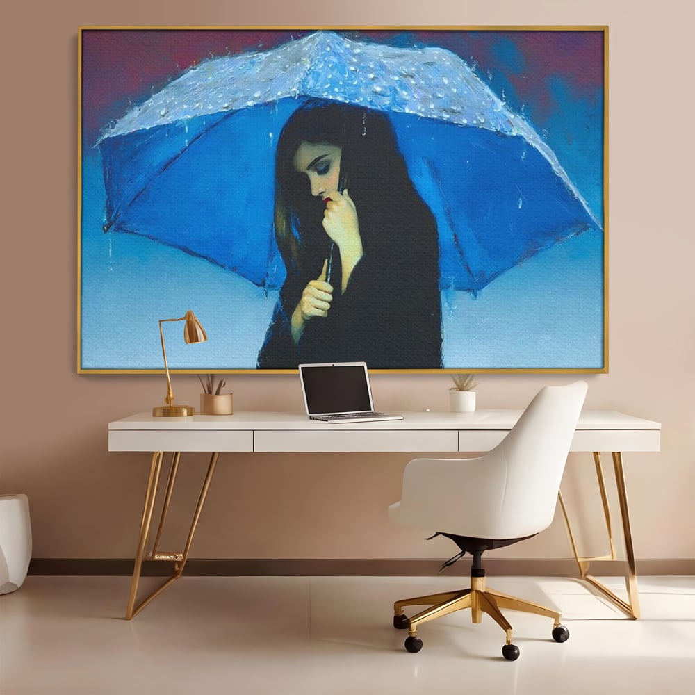 Canvas Wall Art Premium, LuxCanva® G1222, Regen der Seele, Regenschirm, Blau, Regen, Regen, Einsamkeit, Tränen, Himmel, Herz, Essenz, Geheimnis, Geheimnis, Melancholie, Gedanken, Traurigkeit, Erinnerungen, Wohnzimmer, Büro, Wohnzimmer, Schlafzimmer