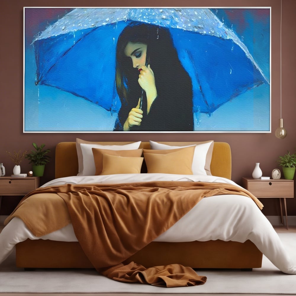 Canvas Wall Art Premium, LuxCanva® G1222, Regen der Seele, Regenschirm, Blau, Regen, Regen, Einsamkeit, Tränen, Himmel, Herz, Essenz, Geheimnis, Geheimnis, Melancholie, Gedanken, Traurigkeit, Erinnerungen, Wohnzimmer, Büro, Wohnzimmer, Schlafzimmer
