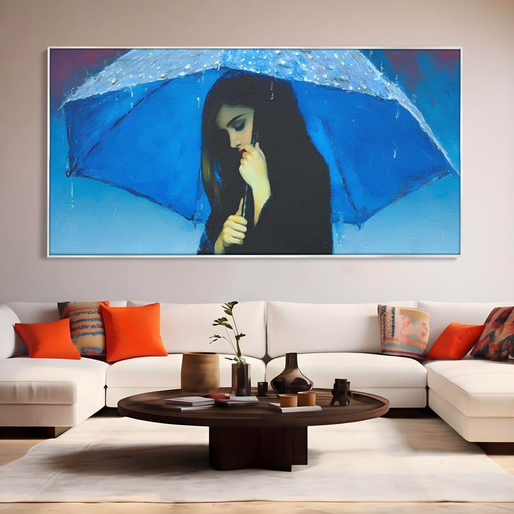 Canvas Wall Art Premium, LuxCanva® G1222, Regen der Seele, Regenschirm, Blau, Regen, Regen, Einsamkeit, Tränen, Himmel, Herz, Essenz, Geheimnis, Geheimnis, Melancholie, Gedanken, Traurigkeit, Erinnerungen, Wohnzimmer, Büro, Wohnzimmer, Schlafzimmer