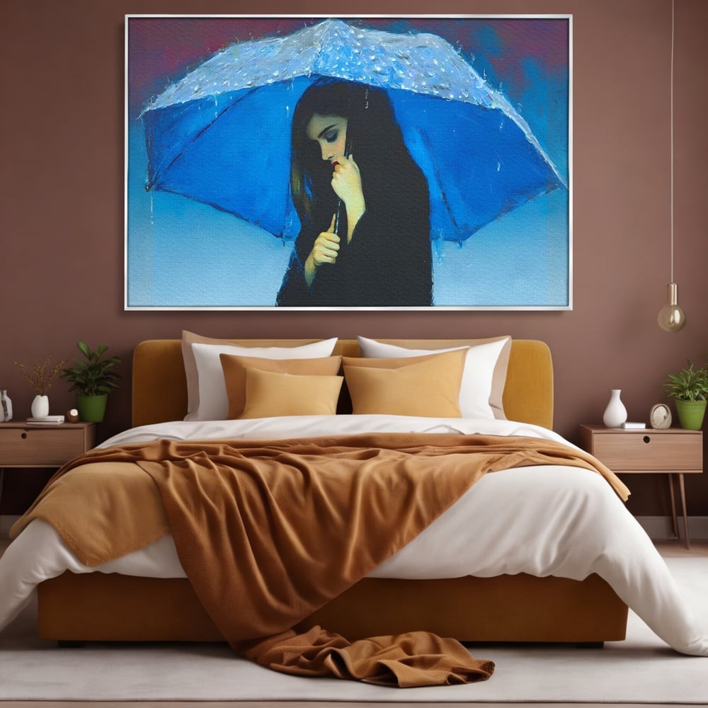 Canvas Wall Art Premium, LuxCanva® G1222, Regen der Seele, Regenschirm, Blau, Regen, Regen, Einsamkeit, Tränen, Himmel, Herz, Essenz, Geheimnis, Geheimnis, Melancholie, Gedanken, Traurigkeit, Erinnerungen, Wohnzimmer, Büro, Wohnzimmer, Schlafzimmer
