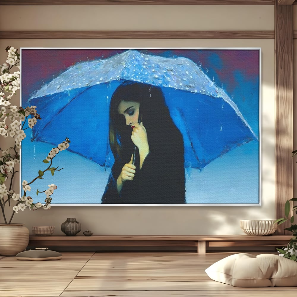 Canvas Wall Art Premium, LuxCanva® G1222, Regen der Seele, Regenschirm, Blau, Regen, Regen, Einsamkeit, Tränen, Himmel, Herz, Essenz, Geheimnis, Geheimnis, Melancholie, Gedanken, Traurigkeit, Erinnerungen, Wohnzimmer, Büro, Wohnzimmer, Schlafzimmer