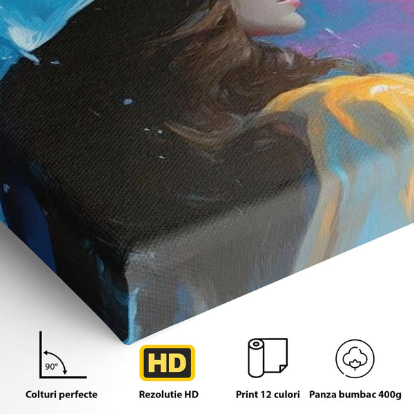 Tablou Canvas Premium, LuxCanva® G1223, Melodia Ploii, Cer, Violet, Umbrela, Albastru, Oda, Singuratate, Lacrimi, Eleganta, Padure, Haina, Galben, Introspectie, Romantism, Salon, Birou, Living, Dormitor