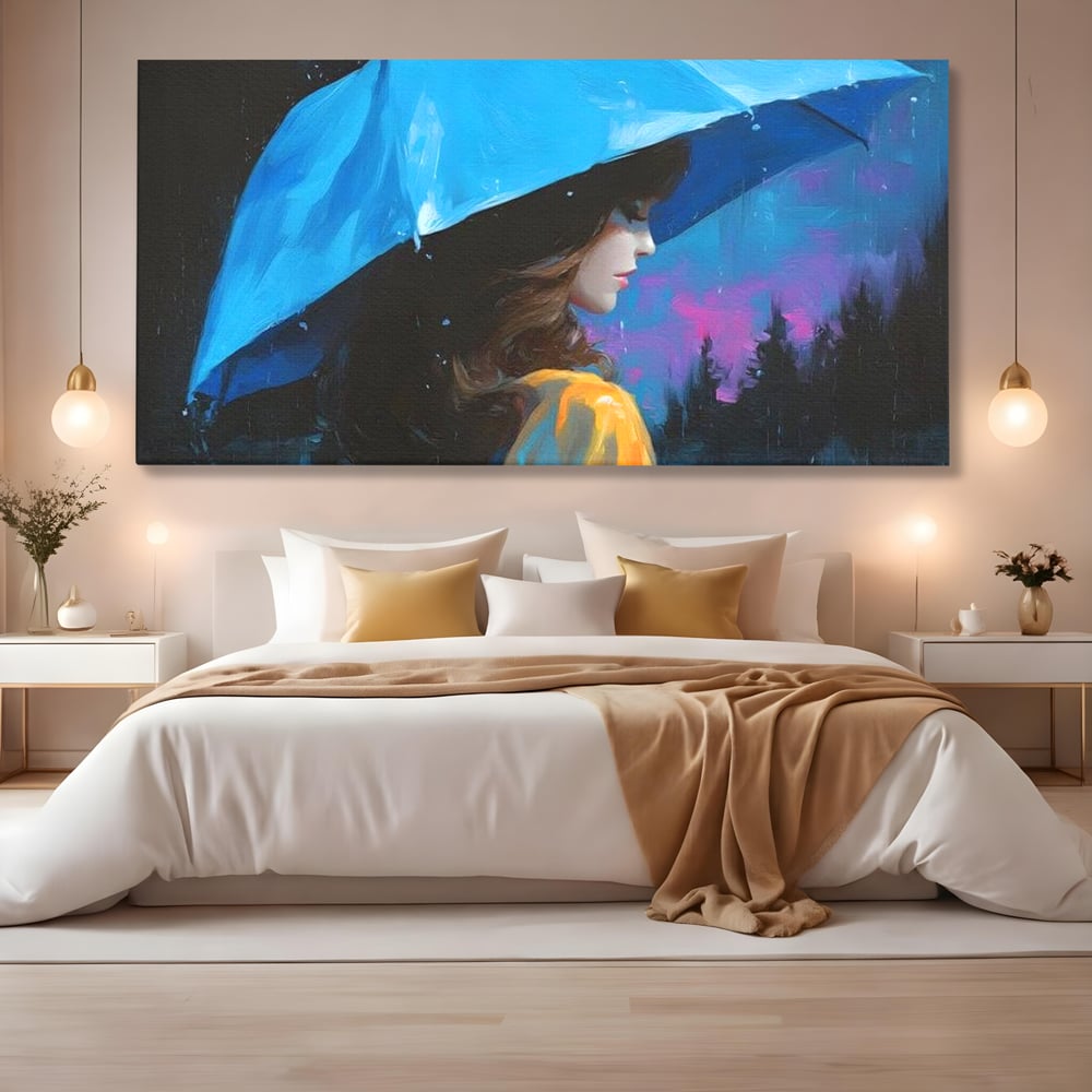 Tablou Canvas Premium, LuxCanva® G1223, Melodia Ploii, Cer, Violet, Umbrela, Albastru, Oda, Singuratate, Lacrimi, Eleganta, Padure, Haina, Galben, Introspectie, Romantism, Salon, Birou, Living, Dormitor
