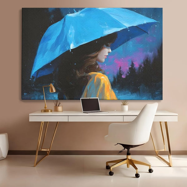 Tablou Canvas Premium, LuxCanva® G1223, Melodia Ploii, Cer, Violet, Umbrela, Albastru, Oda, Singuratate, Lacrimi, Eleganta, Padure, Haina, Galben, Introspectie, Romantism, Salon, Birou, Living, Dormitor