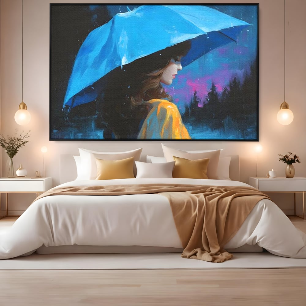 Tablou Canvas Premium, LuxCanva® G1223, Melodia Ploii, Cer, Violet, Umbrela, Albastru, Oda, Singuratate, Lacrimi, Eleganta, Padure, Haina, Galben, Introspectie, Romantism, Salon, Birou, Living, Dormitor