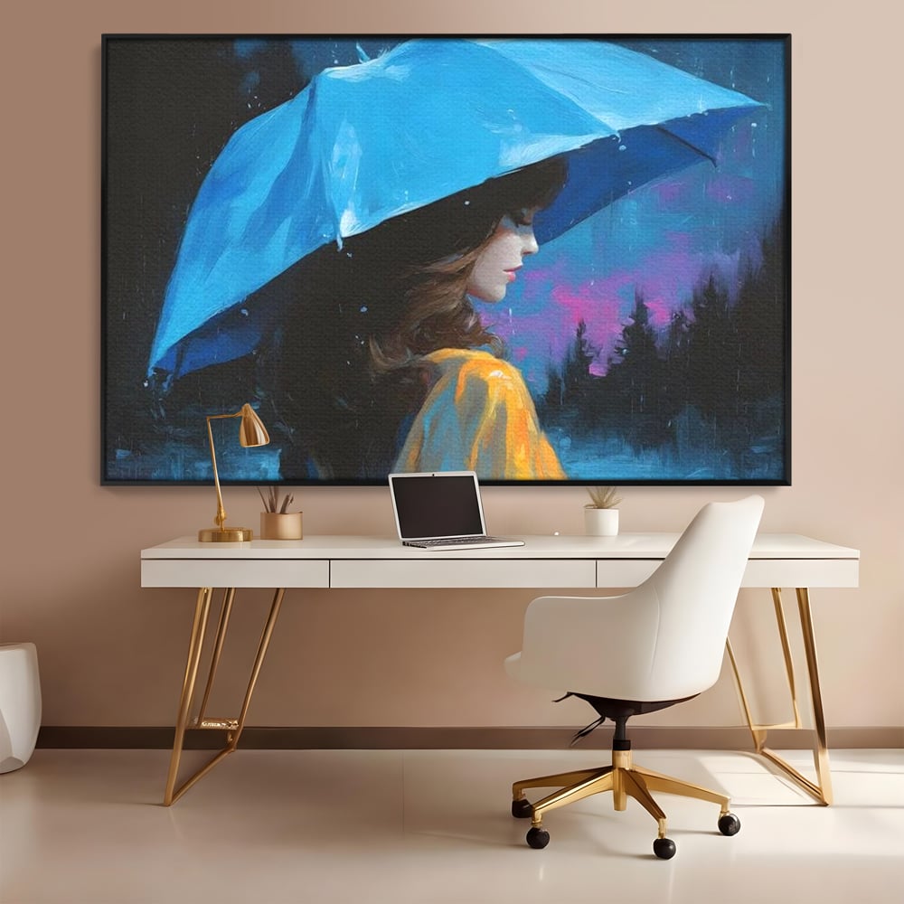 Tablou Canvas Premium, LuxCanva® G1223, Melodia Ploii, Cer, Violet, Umbrela, Albastru, Oda, Singuratate, Lacrimi, Eleganta, Padure, Haina, Galben, Introspectie, Romantism, Salon, Birou, Living, Dormitor