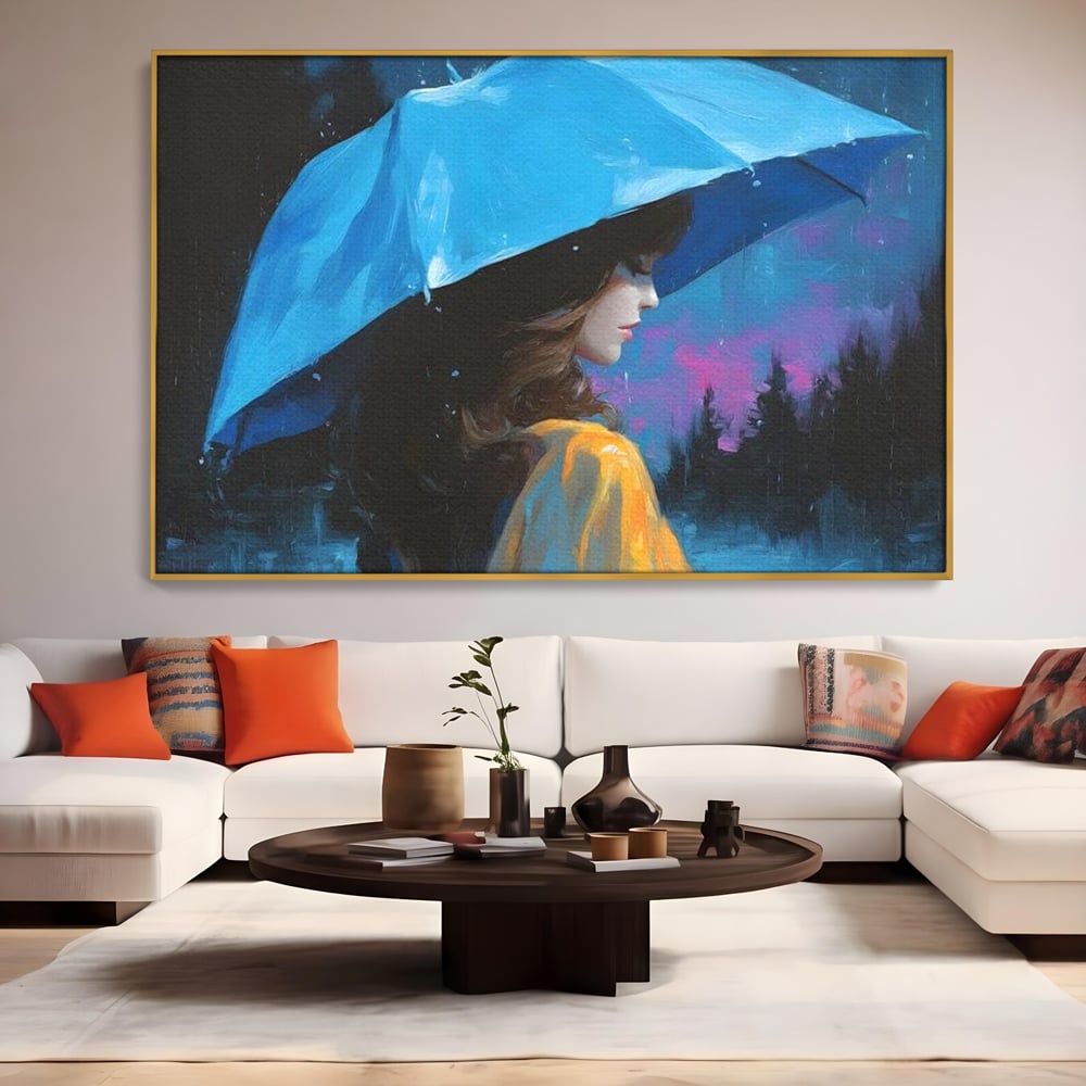 Tablou Canvas Premium, LuxCanva® G1223, Melodia Ploii, Cer, Violet, Umbrela, Albastru, Oda, Singuratate, Lacrimi, Eleganta, Padure, Haina, Galben, Introspectie, Romantism, Salon, Birou, Living, Dormitor